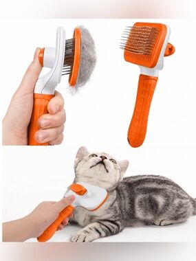 Self Cleaning Pet Grooming Slicker Brush Dog Cat Hair Remover Orange New Unused